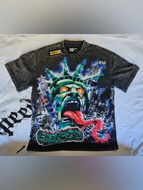 Godspeed Graphic Statue of Liberty Tee with Neon Print